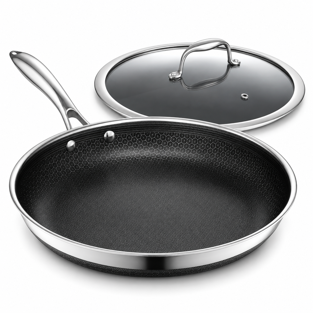 VEYUNA 30 cm Hybrid Frying Pan with Lid – Nonstick Stainless Steel Skillet