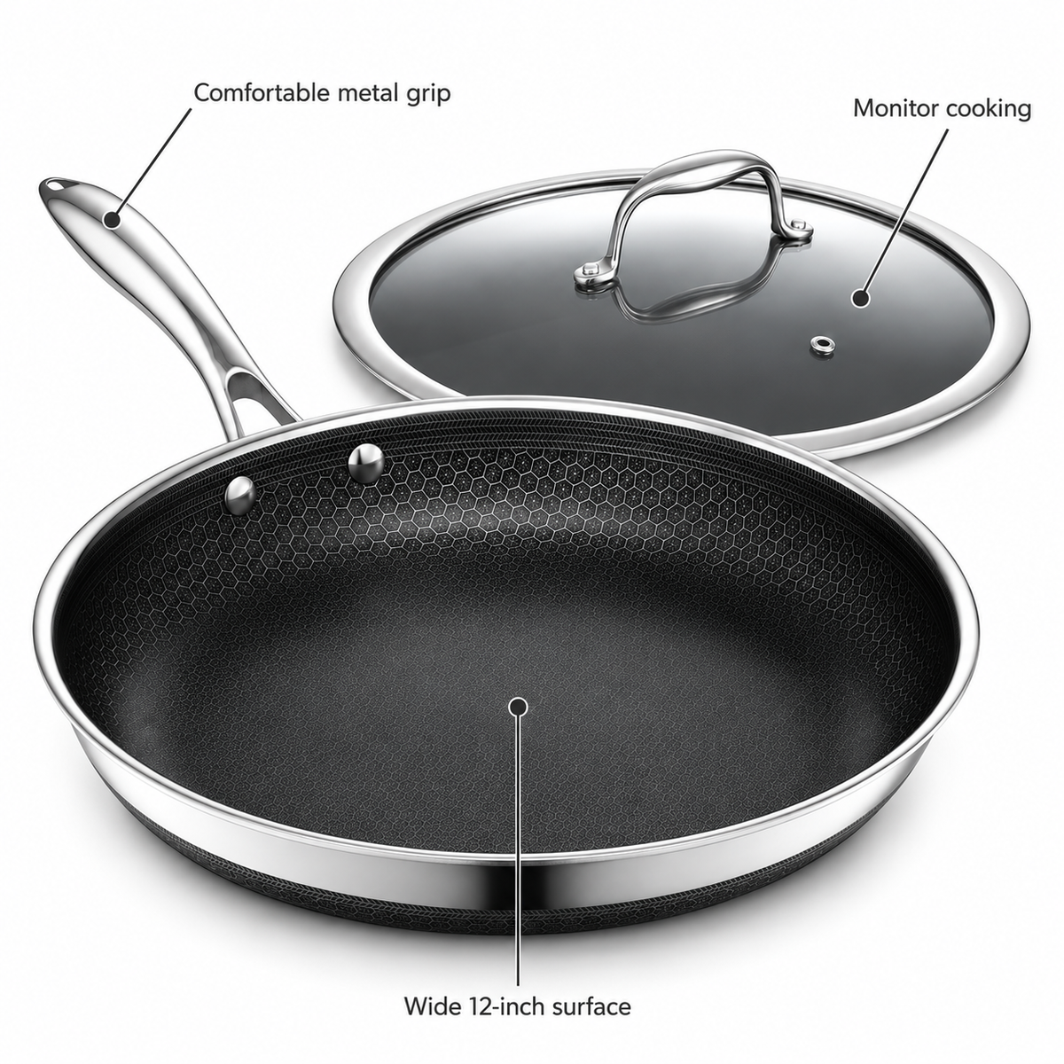 VEYUNA 30 cm Hybrid Frying Pan with Lid – Nonstick Stainless Steel Skillet