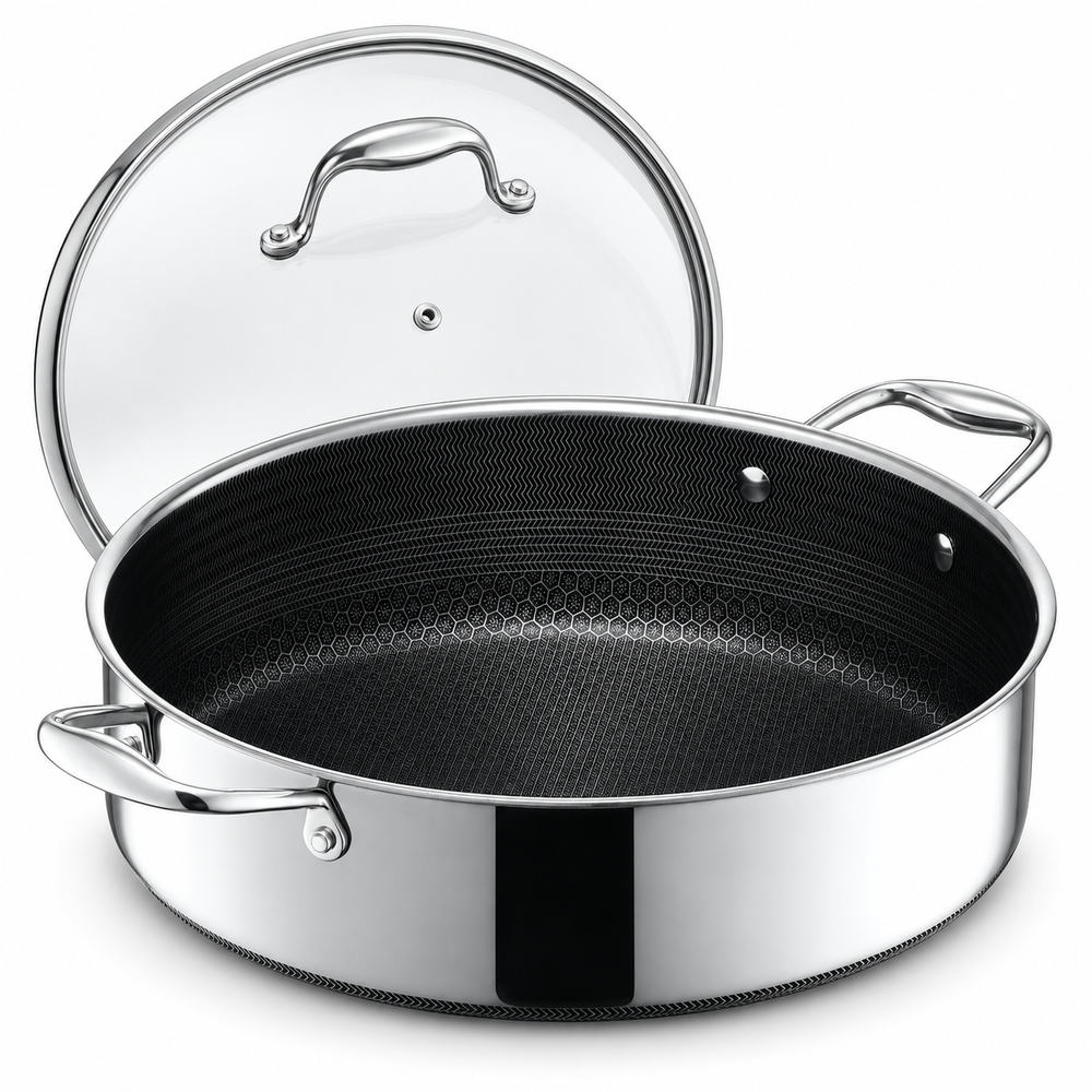 VEYUNA 6.6L Hybrid Deep Sauté Pan with Lid – Nonstick Stainless Steel Chicken Fryer