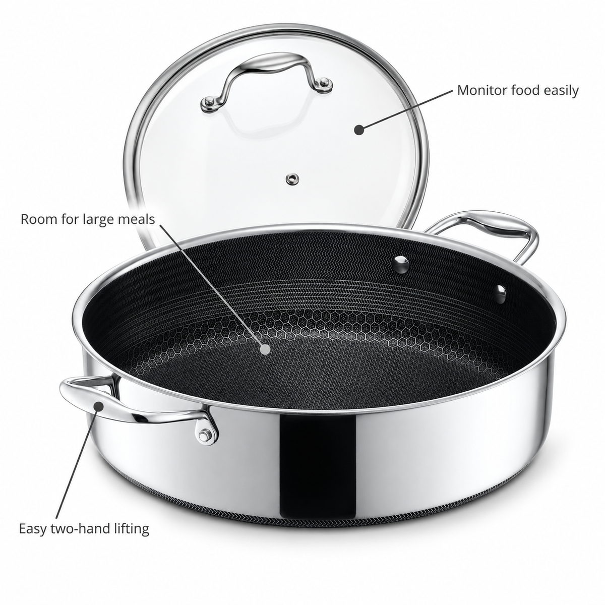 VEYUNA 6.6L Hybrid Deep Sauté Pan with Lid – Nonstick Stainless Steel Chicken Fryer