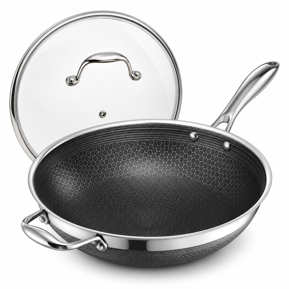 VEYUNA 30 cm Hybrid Wok with Lid – Nonstick Stainless Steel Stir-Fry Pan