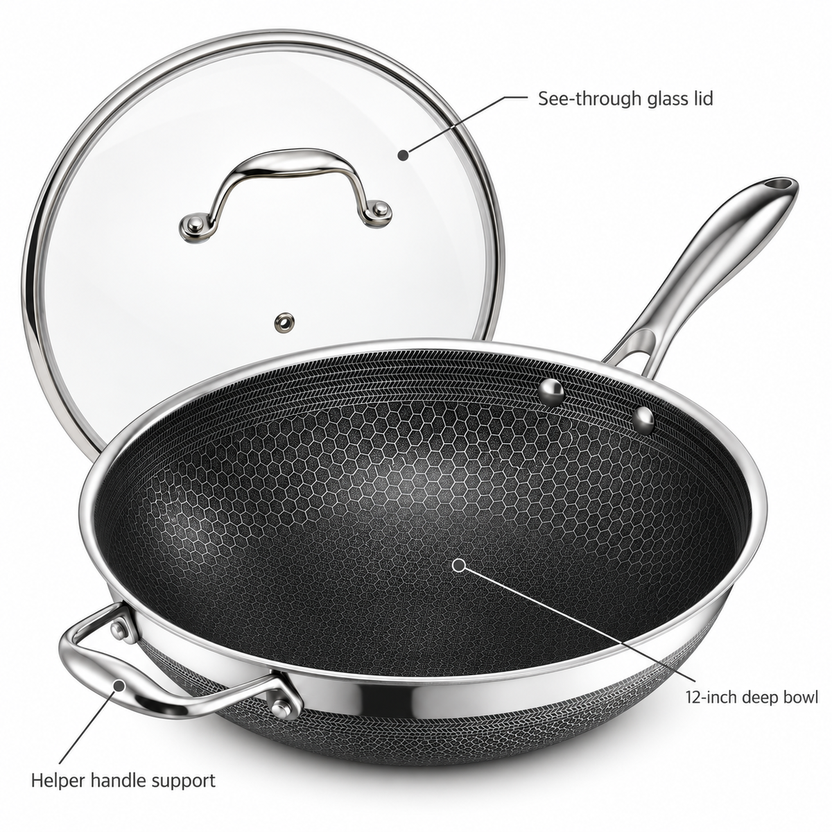 VEYUNA 30 cm Hybrid Wok with Lid – Nonstick Stainless Steel Stir-Fry Pan