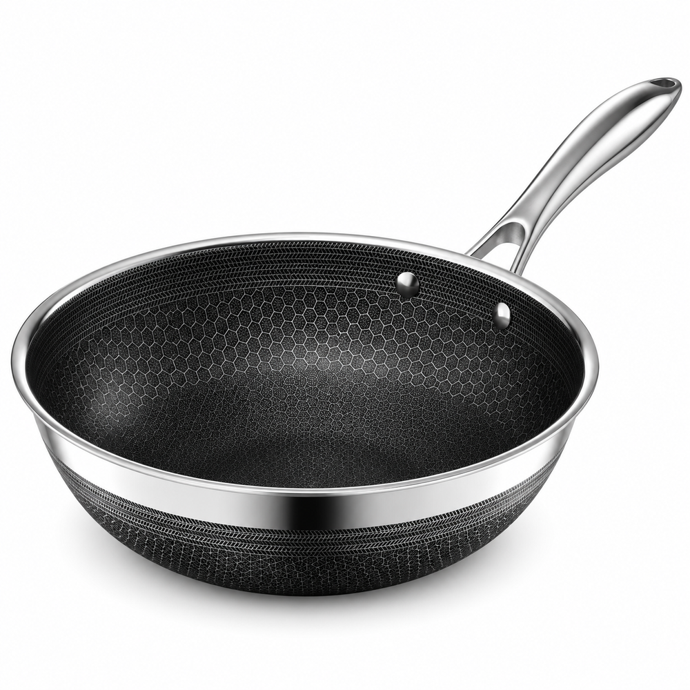 VEYUNA 25 cm Hybrid Wok – Nonstick Stainless Steel Stir-Fry Pan for Everyday Cooking