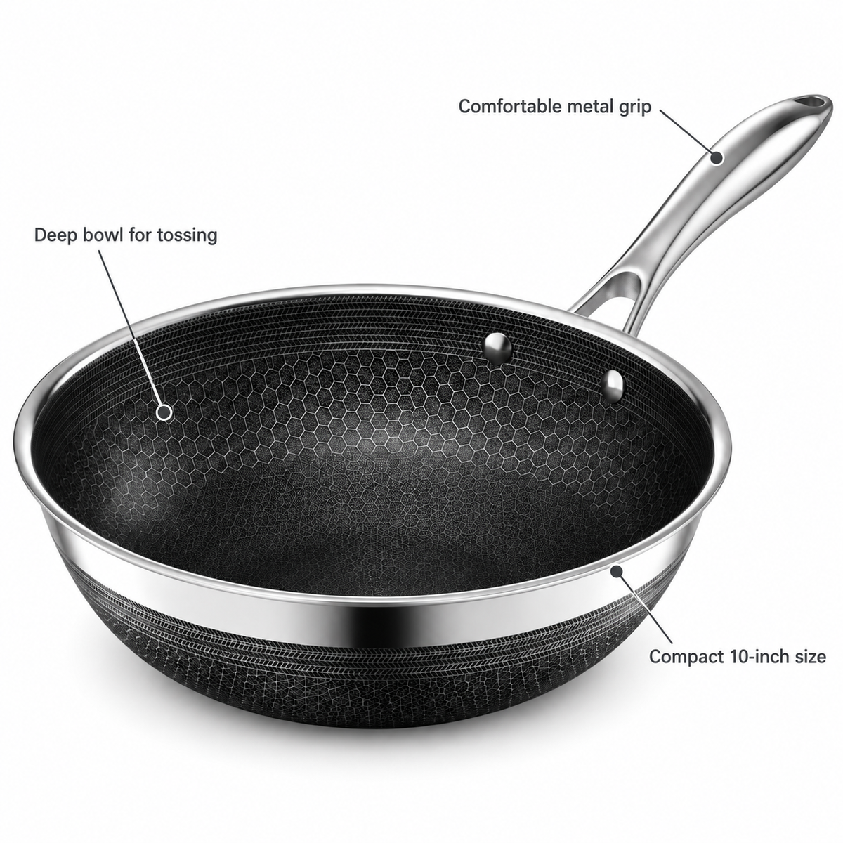 VEYUNA 25 cm Hybrid Wok – Nonstick Stainless Steel Stir-Fry Pan for Everyday Cooking
