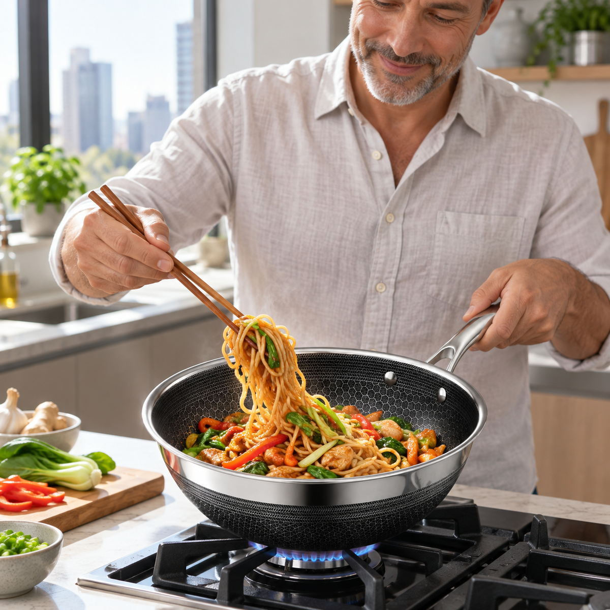 VEYUNA 25 cm Hybrid Wok – Nonstick Stainless Steel Stir-Fry Pan for Everyday Cooking