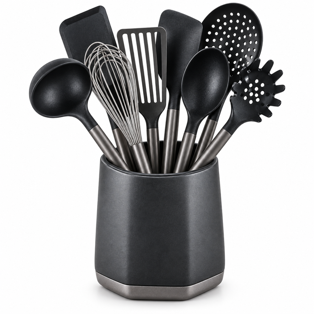 VEYUNA Kitchen Utensil Set 9-Piece with Holder, Spatulas, Ladle, Whisk & Strainer