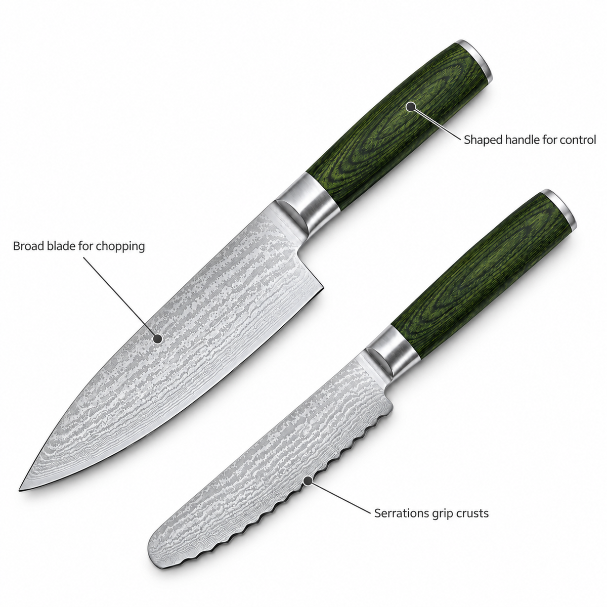VEYUNA Starter Knife Set 2-Piece Japanese Damascus Chef & Serrated Utility Knives