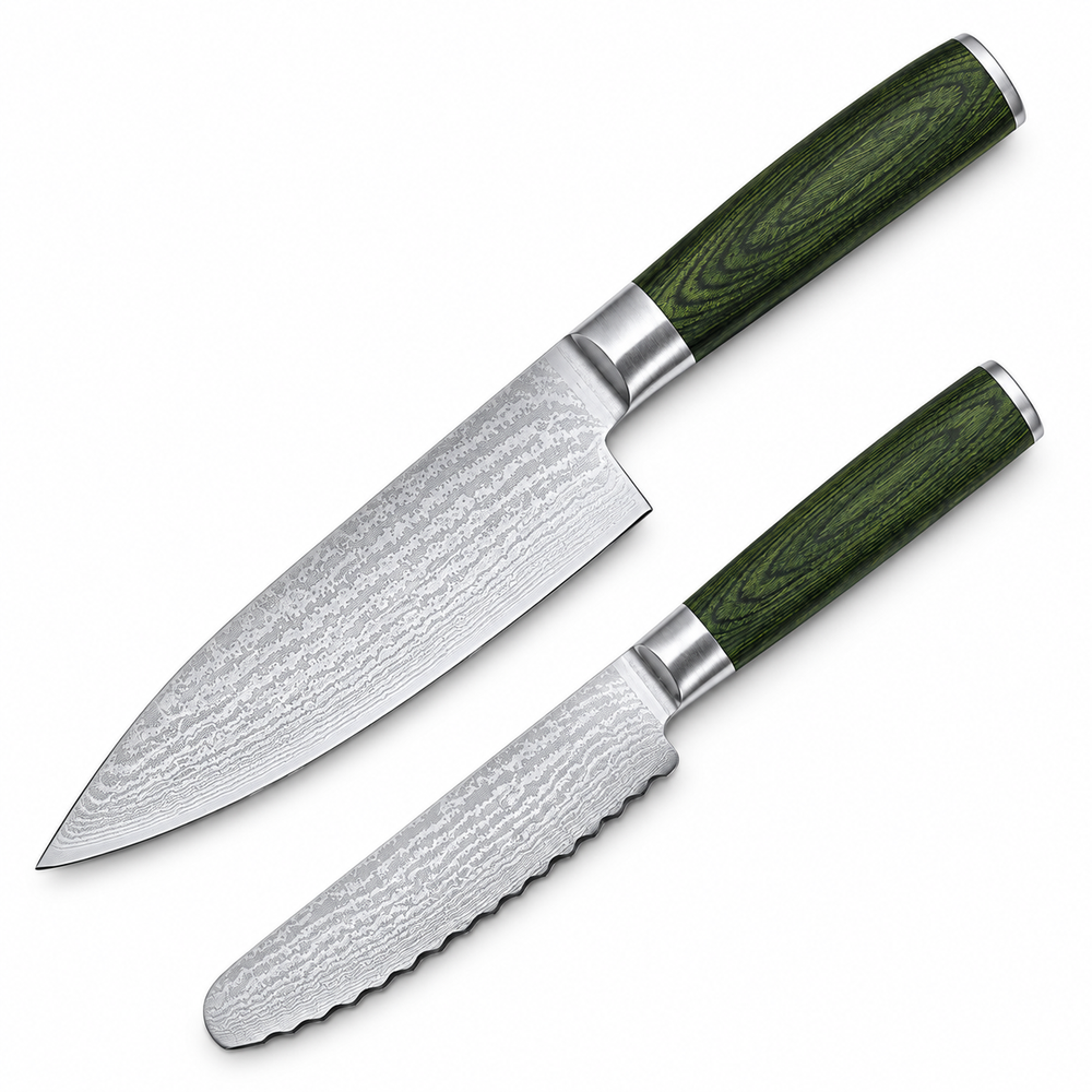 VEYUNA Starter Knife Set 2-Piece Japanese Damascus Chef & Serrated Utility Knives