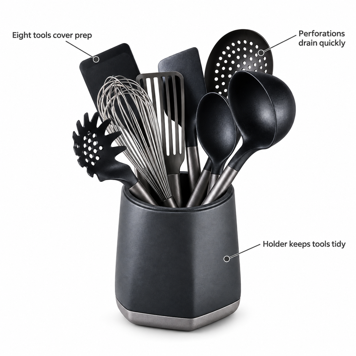 VEYUNA Kitchen Utensil Set 9-Piece with Holder, Spatulas, Ladle, Whisk & Strainer
