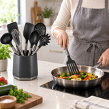 VEYUNA Kitchen Utensil Set 9-Piece with Holder, Spatulas, Ladle, Whisk & Strainer