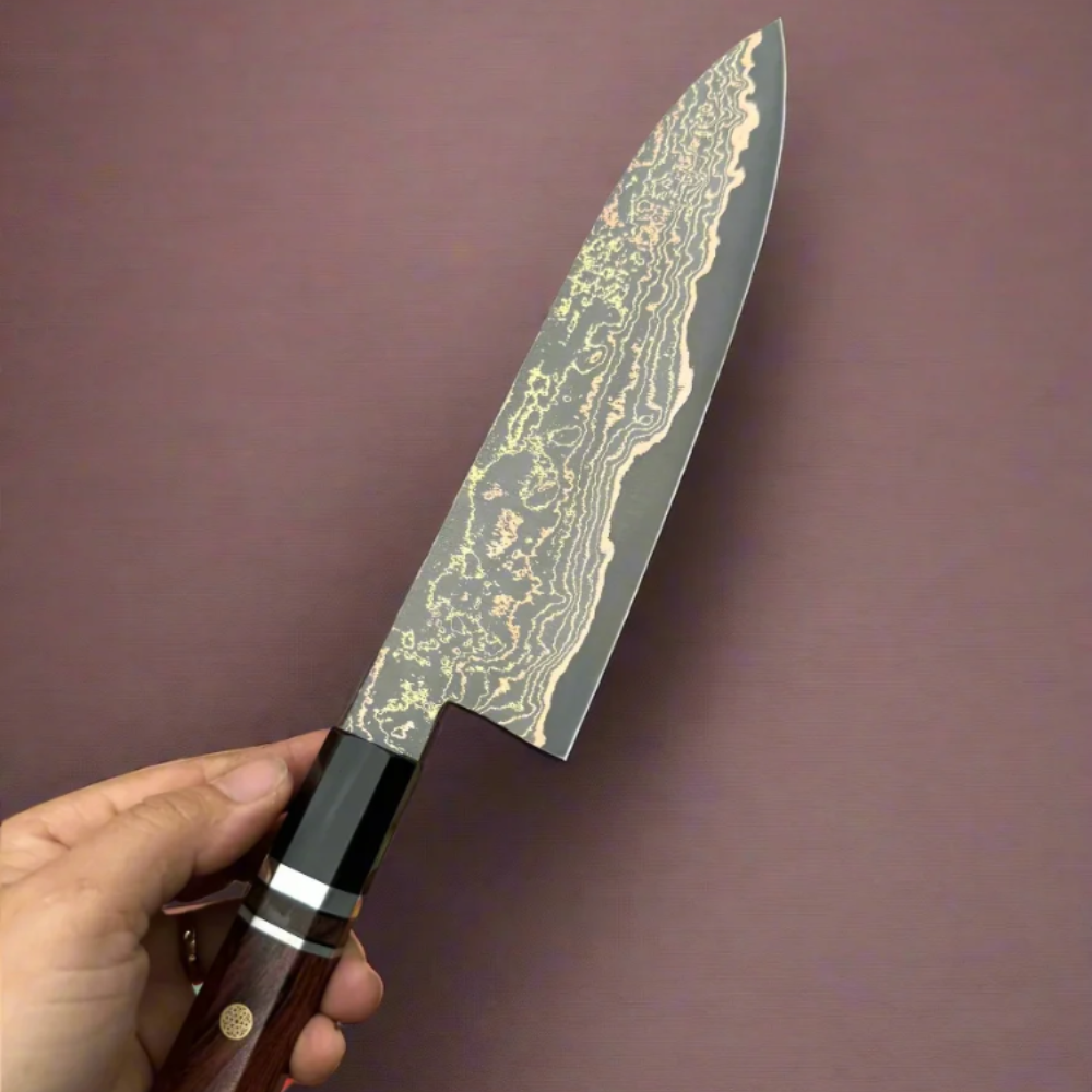VEYUNA Santoku Knife – 7-Inch Copper San Mai Damascus Food Prep Blade